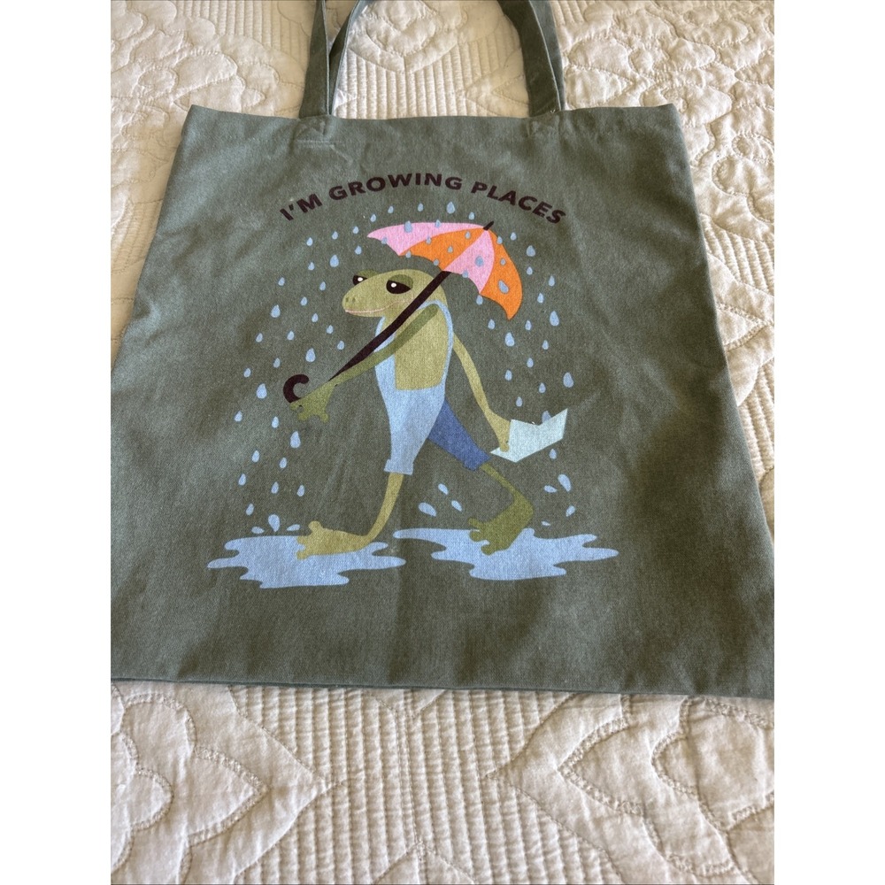 Copenhagen Tote Canvas ' I'm Growing Places.' Frog Umbrella In The Rain  16x15